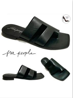 Free People Lander Black Leather Slide Sandal Slip On Flat Mules Summer Shoes 39